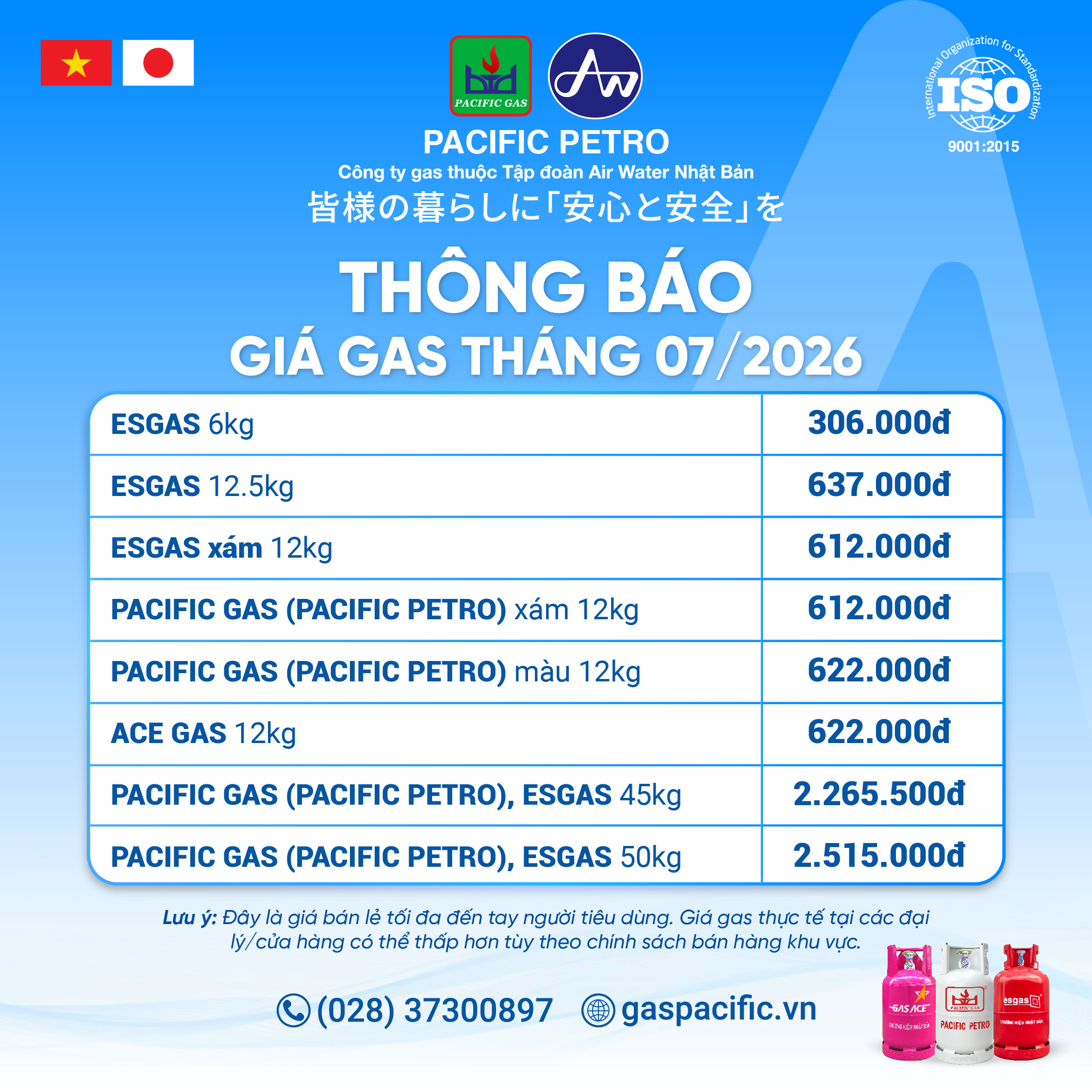 Thông báo giá gas tháng 7/2026